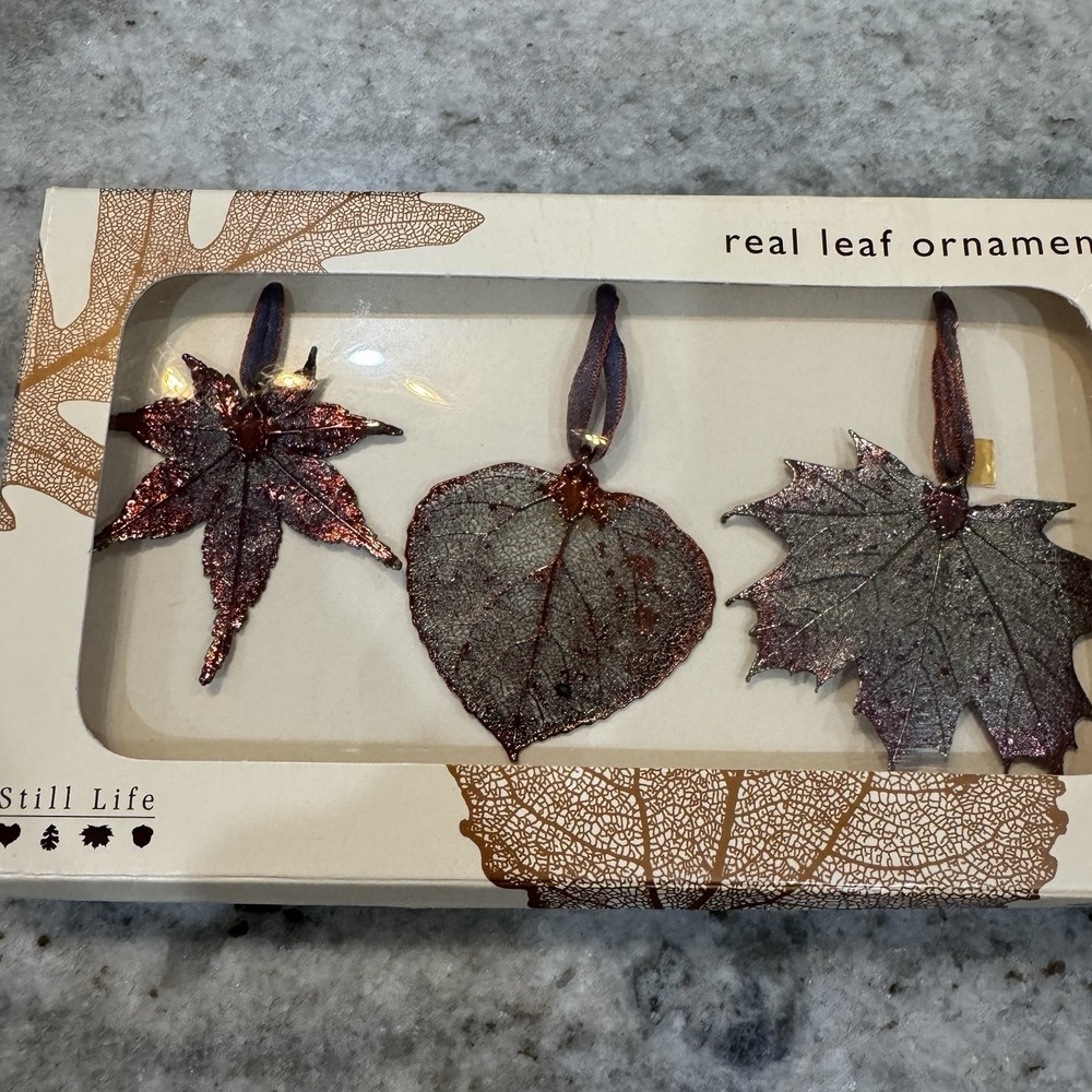 Still Life Real Leaf Ornament Collection 3Pc Metallic Copper Oak Maple Burgundy